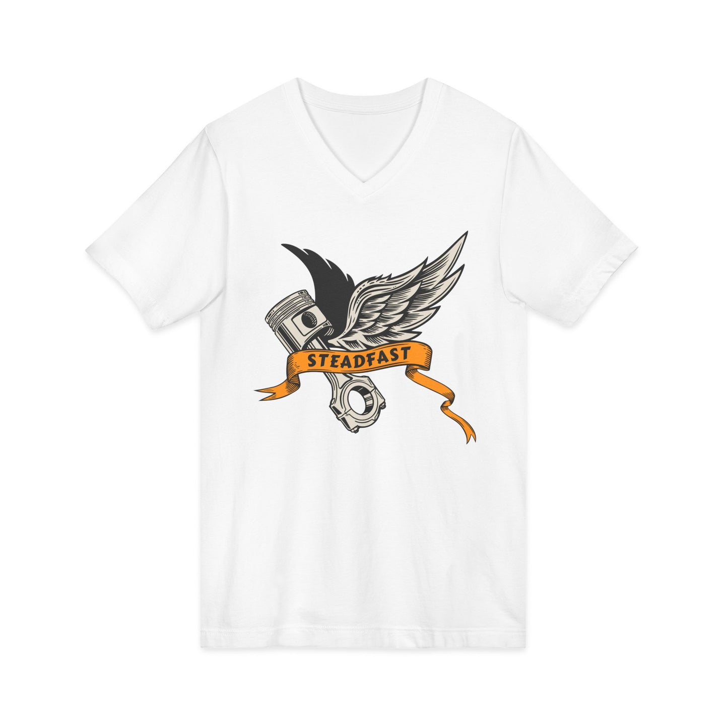 Steadfast Wings Engine Tee — Motorcycle Piston V‑Neck Shirt