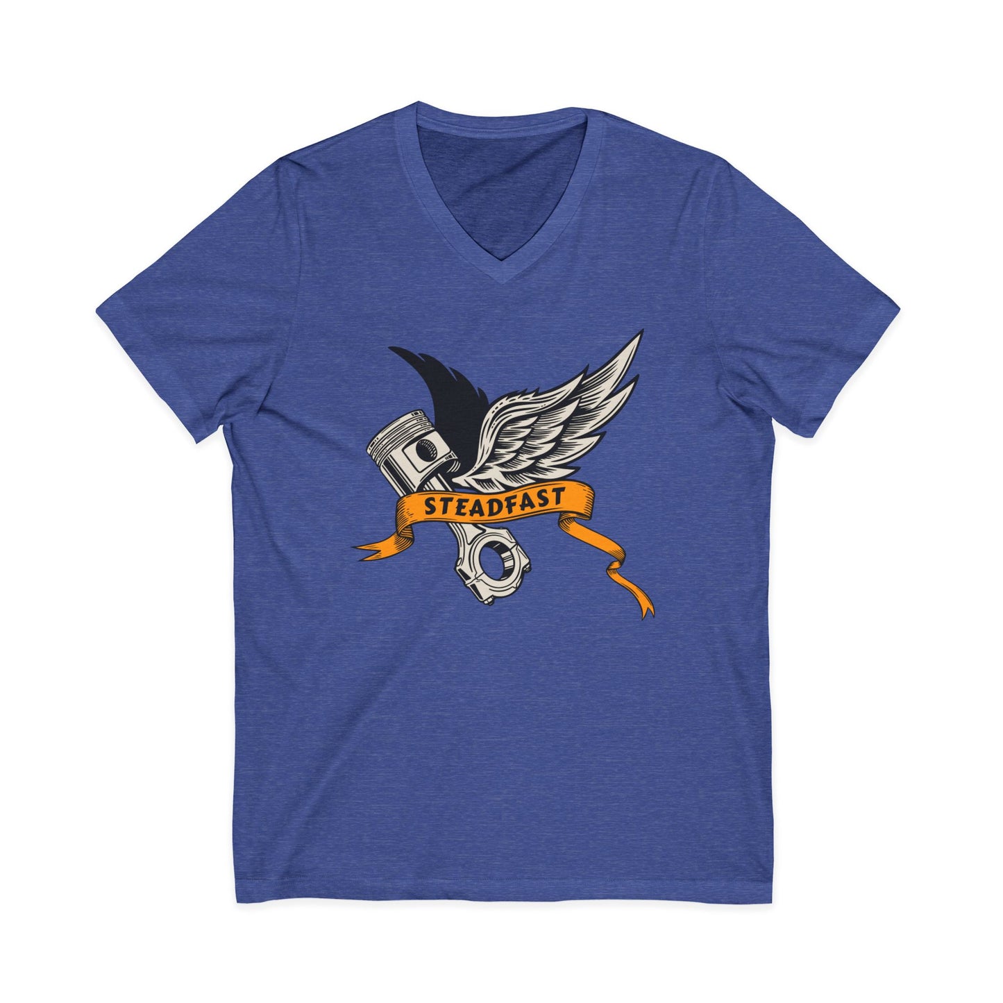 Steadfast Wings Engine Tee — Motorcycle Piston V‑Neck Shirt