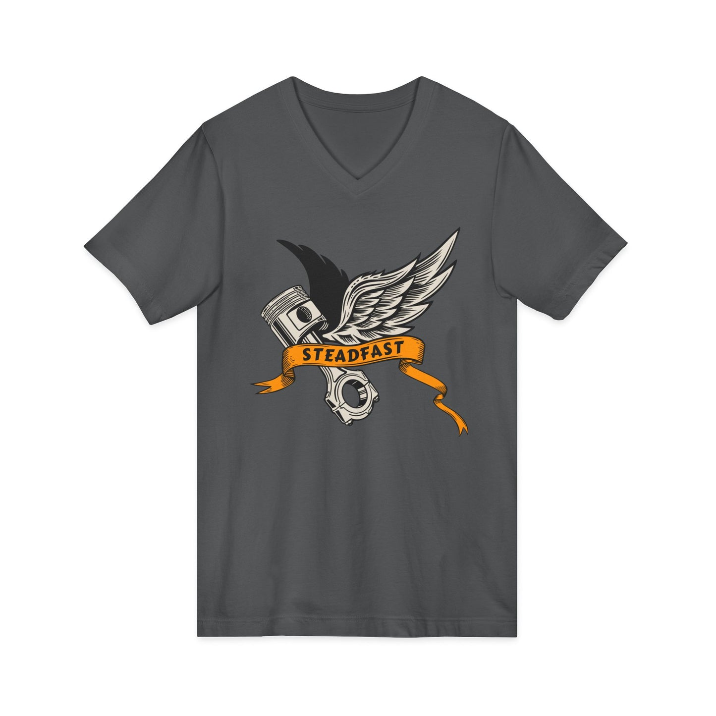 Steadfast Wings Engine Tee — Motorcycle Piston V‑Neck Shirt