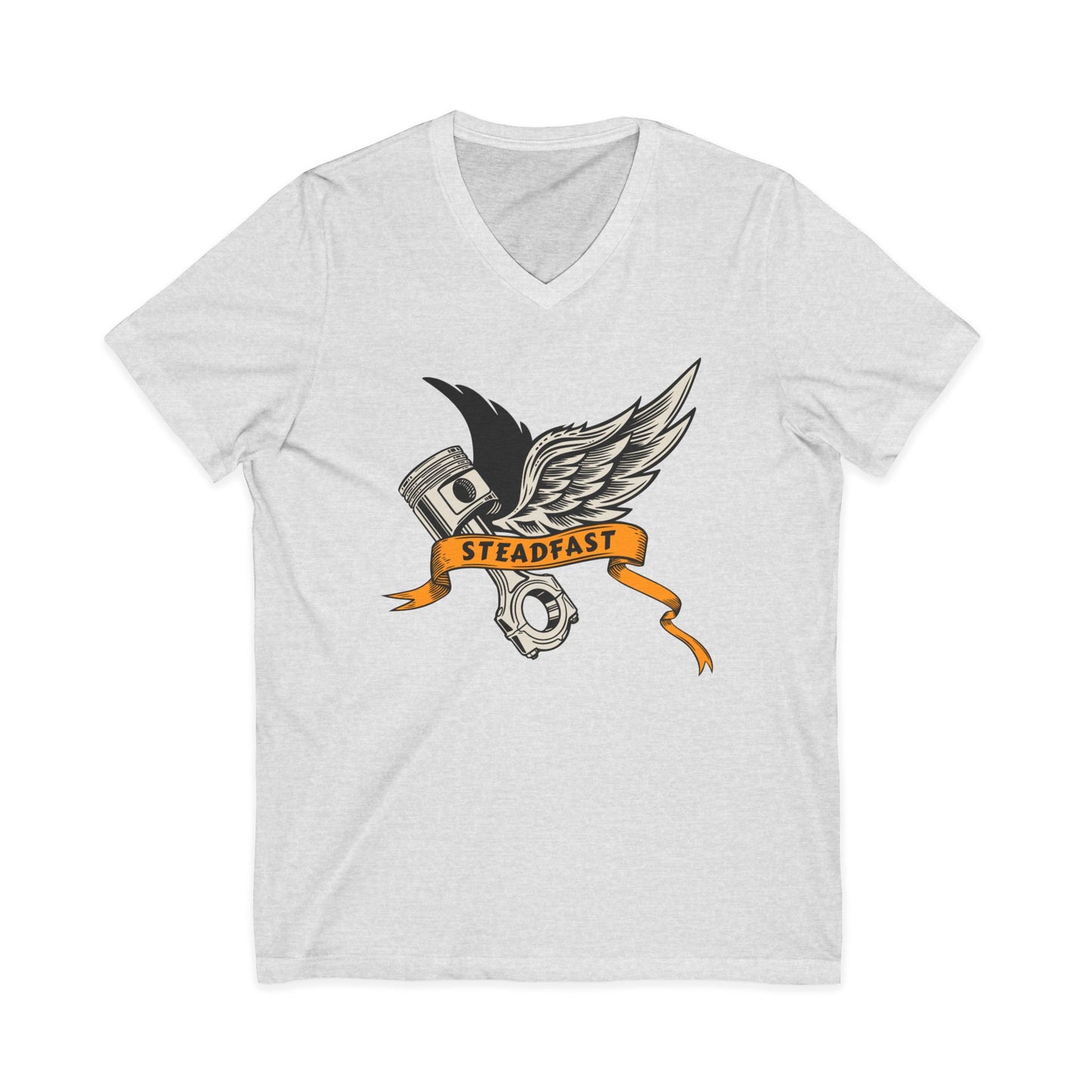 Steadfast Wings Engine Tee — Motorcycle Piston V‑Neck Shirt