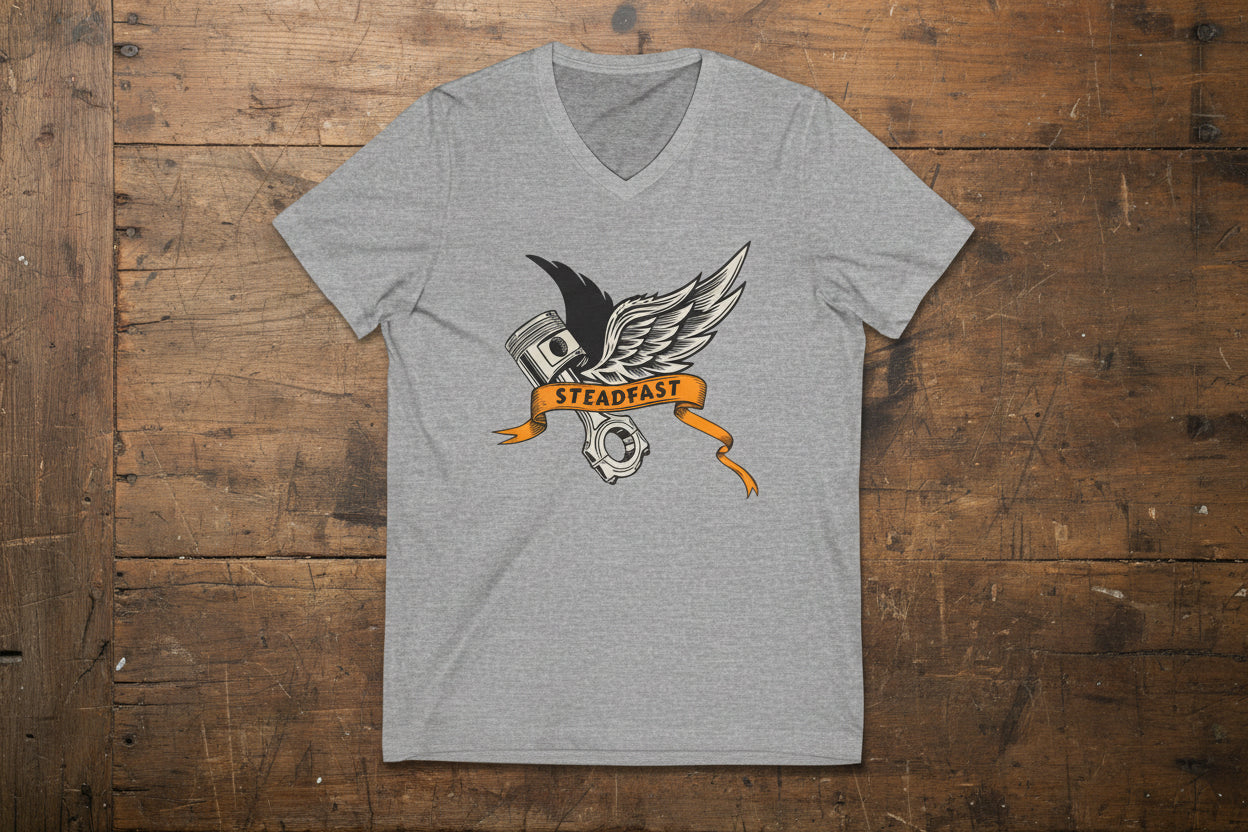 Steadfast Wings Engine Tee — Motorcycle Piston V‑Neck Shirt