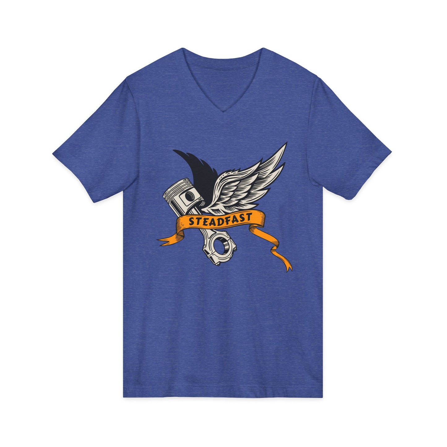 Steadfast Wings Engine Tee — Motorcycle Piston V‑Neck Shirt
