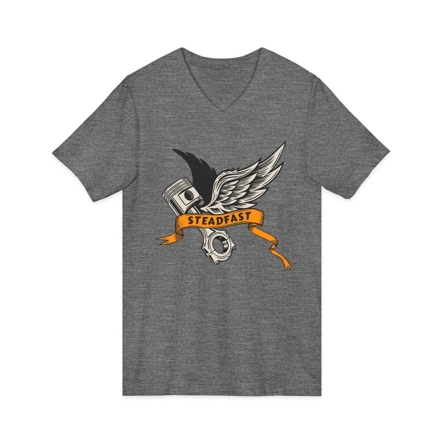 Steadfast Wings Engine Tee — Motorcycle Piston V‑Neck Shirt