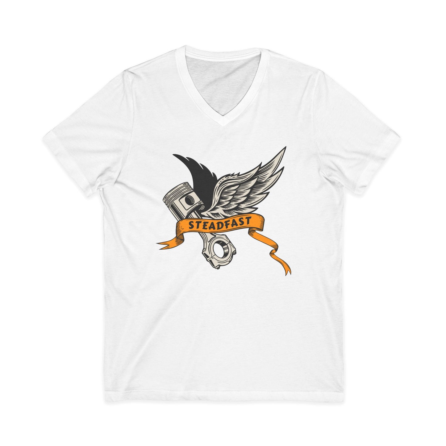 Steadfast Wings Engine Tee — Motorcycle Piston V‑Neck Shirt