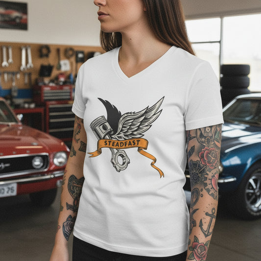 Steadfast Wings Engine Tee — Motorcycle Piston V‑Neck Shirt