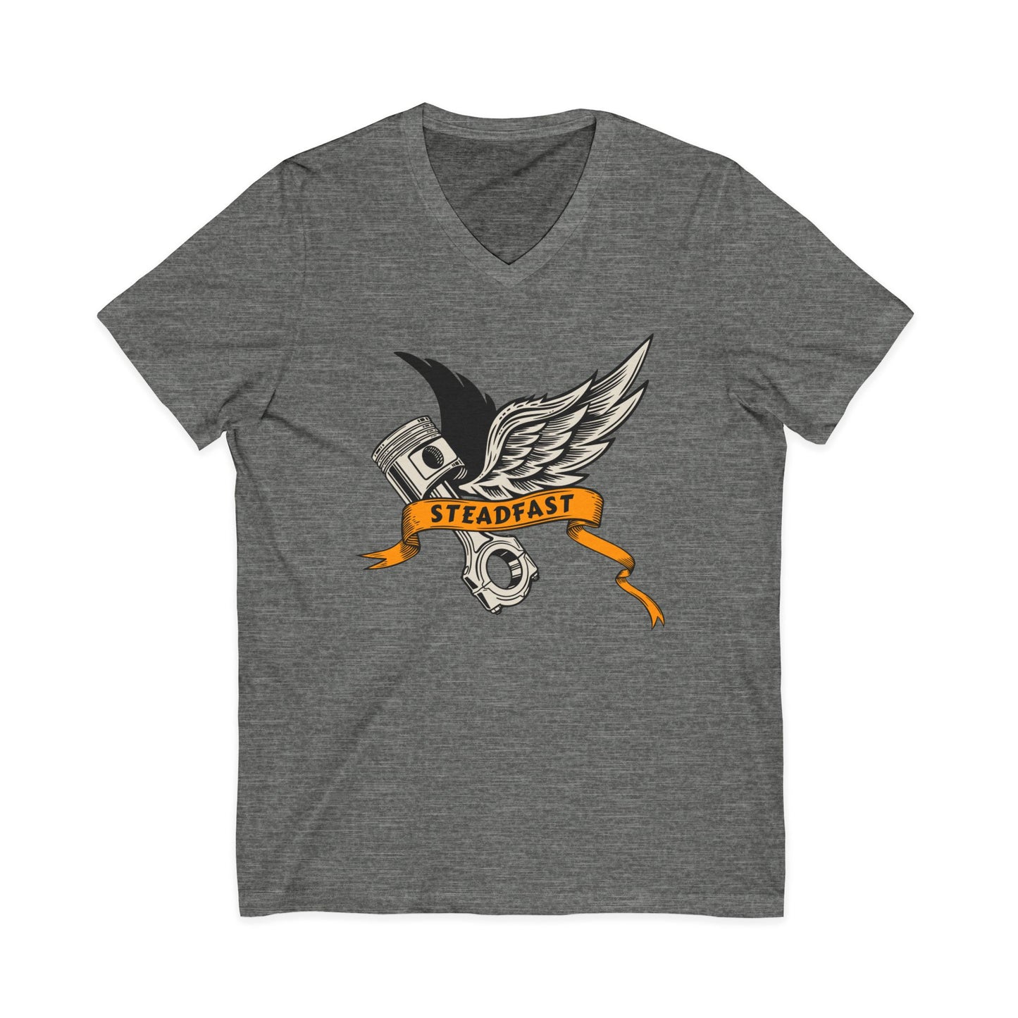 Steadfast Wings Engine Tee — Motorcycle Piston V‑Neck Shirt