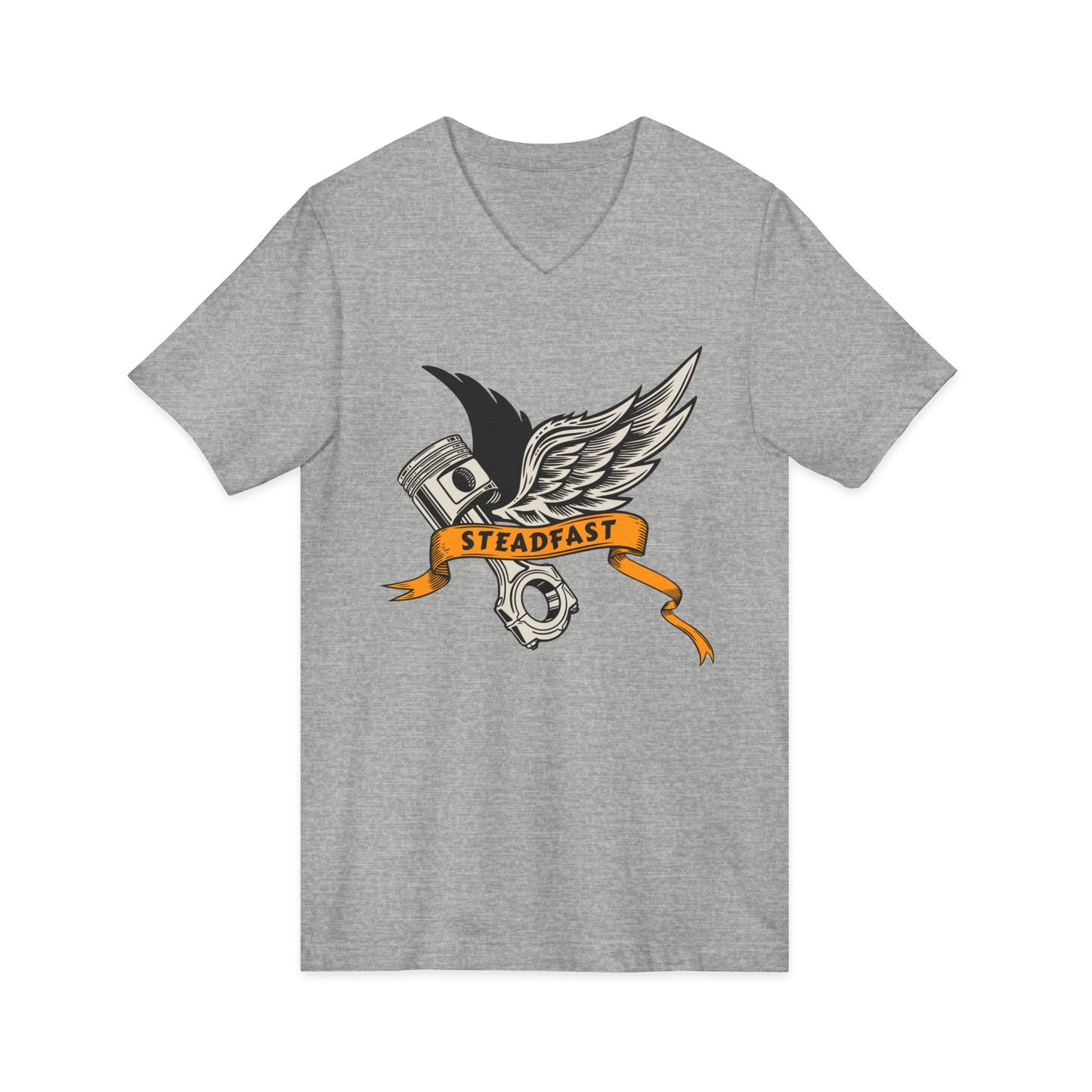Steadfast Wings Engine Tee — Motorcycle Piston V‑Neck Shirt