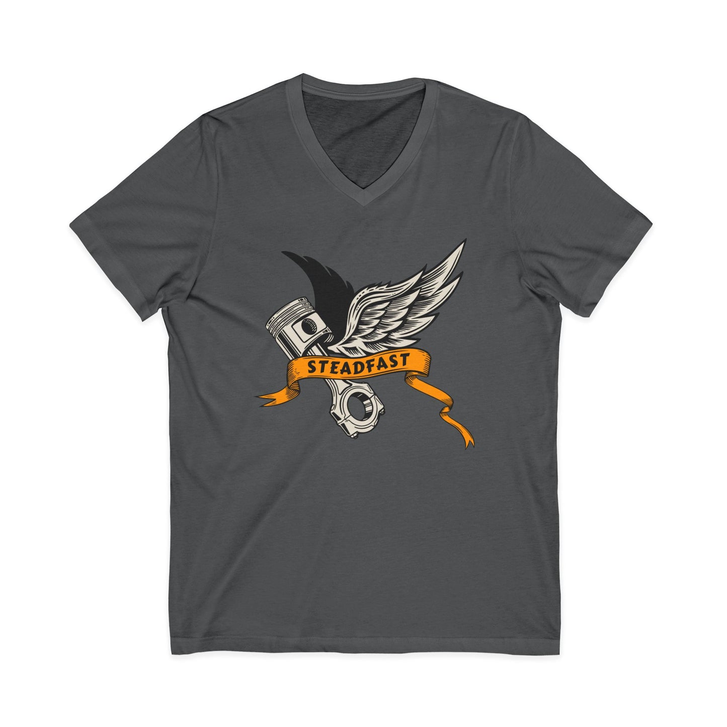 Steadfast Wings Engine Tee — Motorcycle Piston V‑Neck Shirt