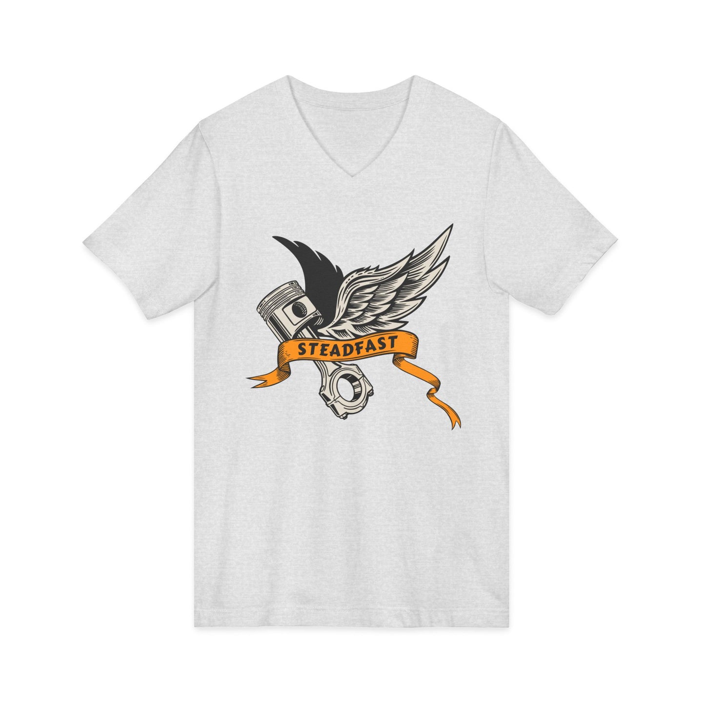 Steadfast Wings Engine Tee — Motorcycle Piston V‑Neck Shirt